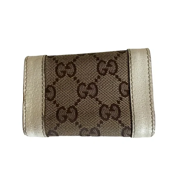 Gucci trifold keychain HH canvas logo signature white leather trim
